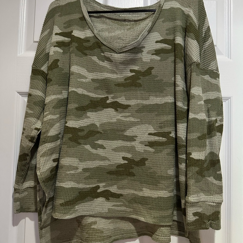 Camo Print American Eagle Long Sleeve Waffle Top